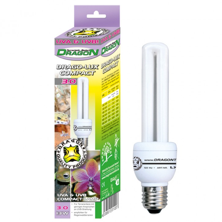 Drago Lux Compact UV Reptilienlampe, Terrarienlampe, Kompaktlampe Terrarium UVA 3.0 - 13 Watt BASIC