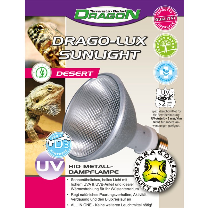 Dragon DRAGO-LUX Sunlight Desert 50 Watt, HID UV Metalldampflampe, Reptilienlampe, Terrarienlampe,